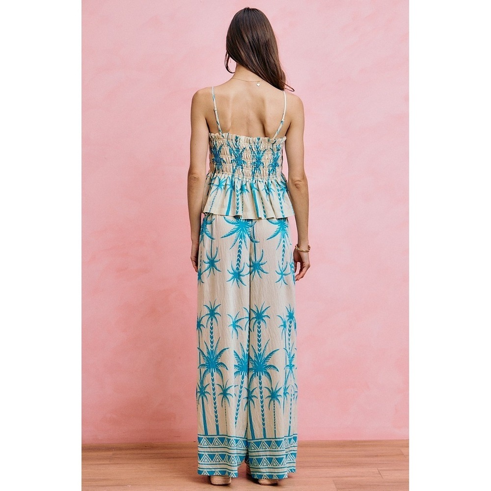 SO ME Palm Tree Smocked Bodice Adjustable Cami Top - Blue - Medium - Picture 14 of 16